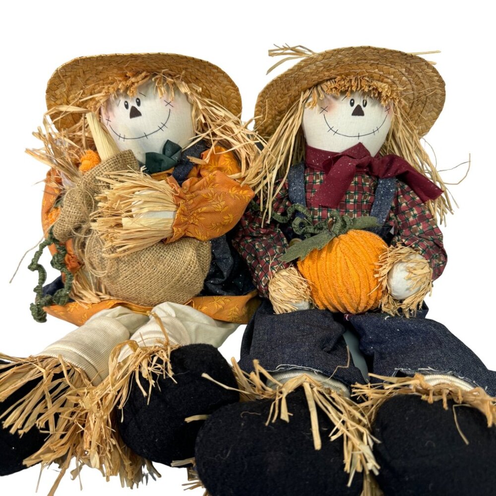 Decorative Harvest Scarecrow Couple With Straw Hats & Fabric Clothing